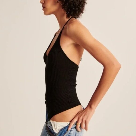 Abercrombie Elevated Knit Tie Halter Black Bodysuit - Picture 2 of 5